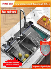 Cocina Integrated Waterfall Kitchen Sink Honeycomb Technology Large Digitial Display Stainless Steel Soap Dispenser Cup Washer